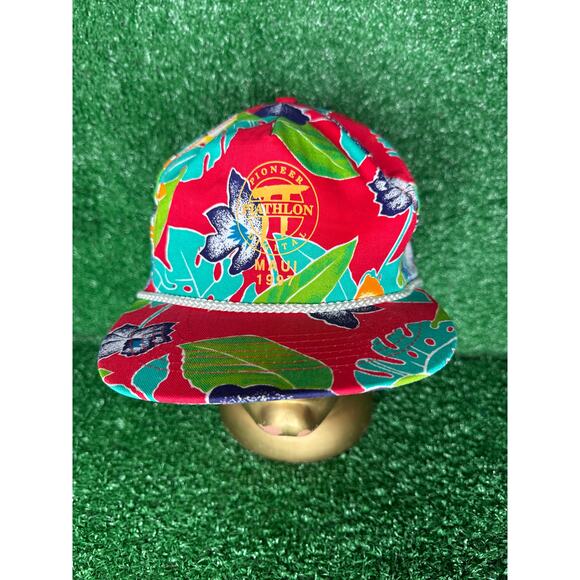 Vtg Pioneer Piathlon Digital Maui Trucker Hat-Red Hawaiian 90s SnapbackRope Bill - Picture 1 of 7